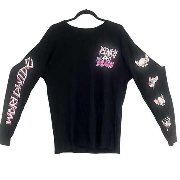 Pinky & The Brain Mens Black Long Sleeve Tshirt Front,Back& Arm Graphic Sz M RN - Picture 1 of 6